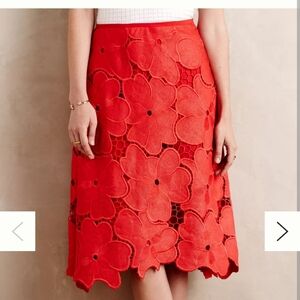 Anthropologie Cynthia Rowley Lace Bouquet Skirt Red Floral Lace Embroidered 4